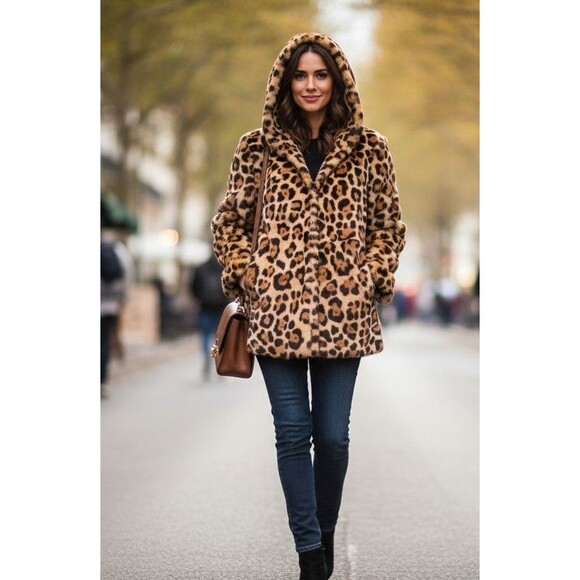 DESIGNER RTA ANIMAL PRINT RABBIT FUR HOODED LONG SLEEVE MIDI LENGTH SIZE XSMALL - Picture 13 of 16